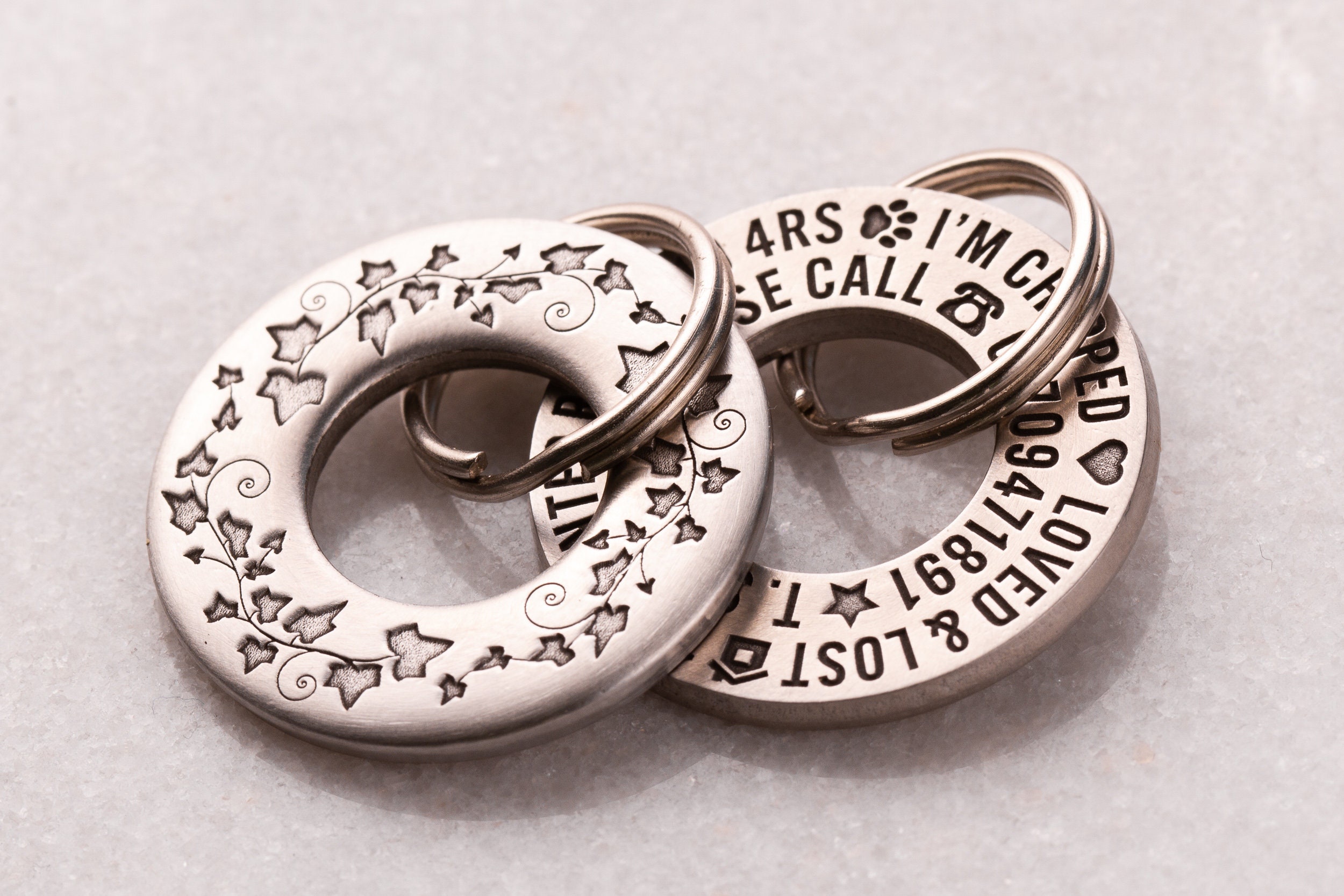 Ivy Leaf Design, Personalised Round Dog / Pet ID Tag in Stainless Steel or Brass
