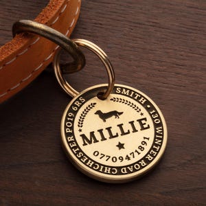 May include: A gold-coloured dog tag with black engraved text. The tag reads "MILLIE", "CHICHESTER PO19 6RS", "07709471891", "130 WINTER ROAD", and "SMITH".