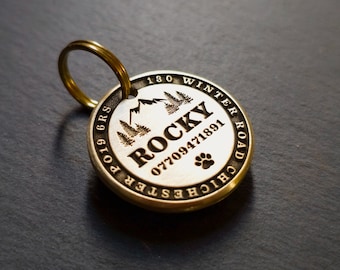 Deep Engraved, Solid Brass / Stainless steel Dog / Pet ID Tag / Mountain Design