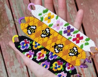 Bees and flowers handmade knotted friendship bracelets