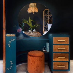 Art Deco Emerald Green and Gold Dressing Table with mirror and stool **please read description