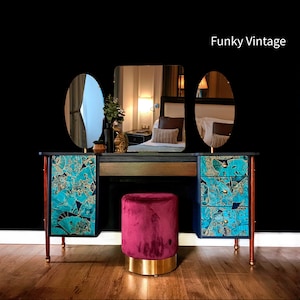 Sold but can recreate message for info  Refurbished Vintage Dressing Table in Midnight Blue with Designer &#39;Fanfare&#39; wallpaper