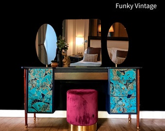 Sold but can recreate message for info  Refurbished Vintage Dressing Table in Midnight Blue with Designer 'Fanfare' wallpaper