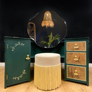 Art Deco curved dressing table with unique flower shaped mirror and fringed velvet stool ***please read description