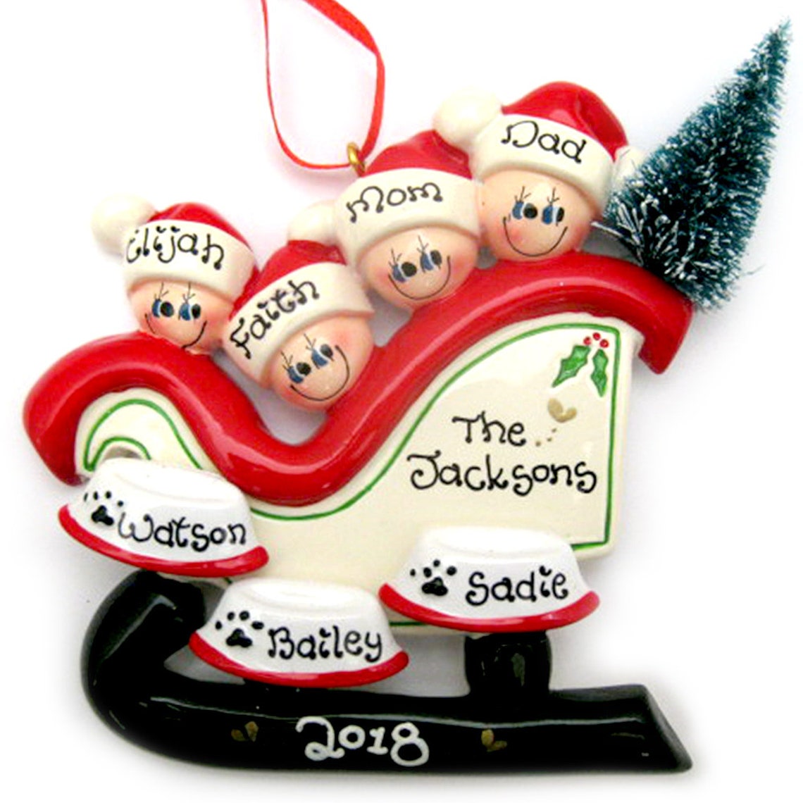 Sleigh Family of 4 With 3 Dogs Personalized Christmas Ornament Etsy