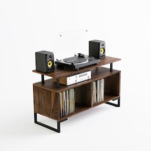 Opbergkast van walnoothout vinyl - standaard platenspeler - platenkast - platenopberger - lp-opberger - platenspeler