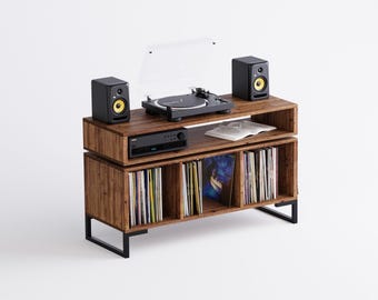 Opbergkast voor vinylplaten met zwevende plank Minimale opbergeenheid voor vinylplaten - hifi-eiken walnoot teak - vinylkast