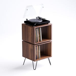 Börja Amerikaans notenhouten opbergkast met twee niveaus vinyl - standaard platenspeler - lp-opslag - platenopberger - massief hout