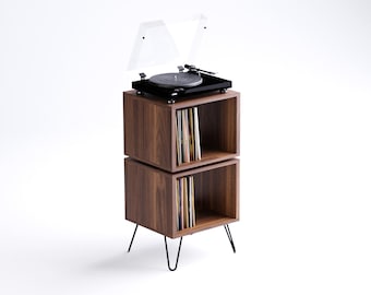 Börja Amerikaans notenhouten opbergkast met twee niveaus vinyl - standaard platenspeler - lp-opslag - platenopberger - massief hout