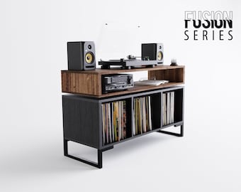 FUSION Series Vinyl Record Cabinet With Floating Shelf Minimal Design Record Storage Unit - Hi-fi Oak Walnut Teak - Vinyl Cabinet Black