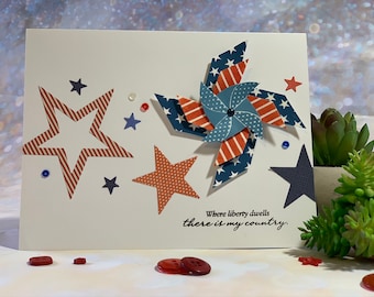 4th of July card, Fourth of July, Independence Day card, pinwheel card, red white and blue, patriotic card