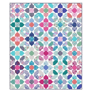 May include: A vibrant quilt showcasing a repeating pattern of geometric shapes and marine life designs. The quilt incorporates a spectrum of colours, such as pink, blue, green, and white. The design includes squares, diamonds, and octagons, with a dotted border.