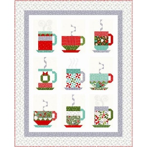 May include: A white background with nine colourful mugs with different patterns. Each mug has a red, green, or blue base and a white rim. The mugs are arranged in a 3x3 grid.