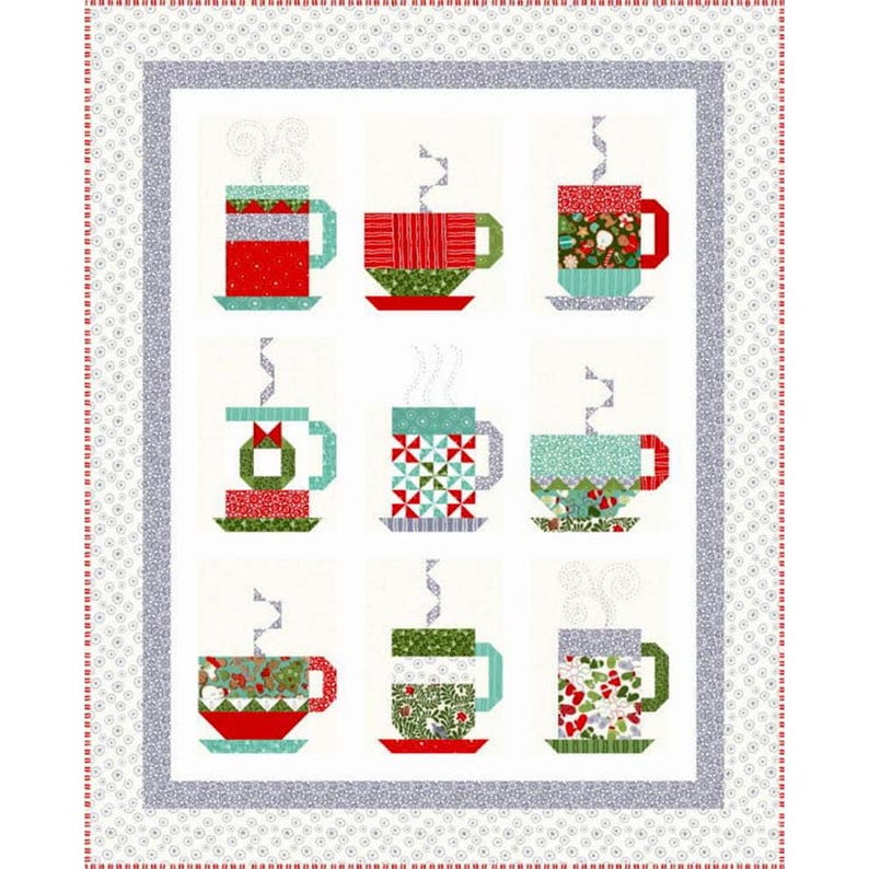 In From the Cold quilt pattern by Kate Spain features a charming design of nine whimsical hot beverage mugs in red, green, and white on a cream background. The mugs are arranged in a 3x3 grid, each with unique patchwork details.  The quilt is bordered with a gray and white patterned fabric, and a red dashed line. The title 'In From the Cold' is displayed prominently at the top. The designer's logo is at the bottom.