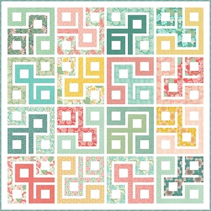 May include: A quilt block pattern featuring a repeating geometric design in shades of pink, yellow, green, and blue. The pattern is made up of squares and rectangles with a white background.