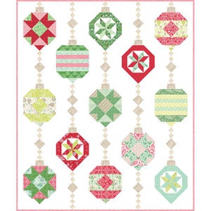 May include: A white quilt with a repeating pattern of red, green and white Christmas baubles. The baubles are arranged in rows and are connected by a string of small white diamonds.
