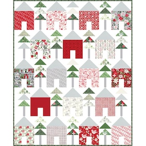May include: A white background with a repeating pattern of red, green and grey houses and trees. The houses have white trim and the trees are green with white accents. The pattern is a festive and whimsical design.