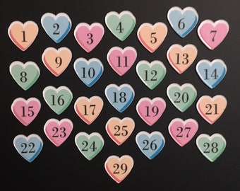 Candy Hearts Magnet Days // Valentine’s Day Heart Magnets // Love Fridge Magnets // Hearts Magnet Set Days 1-29
