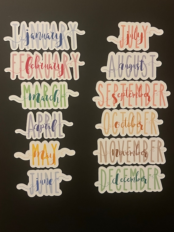 RAE DUNN & Spelling Night Swirl font Calendar Magnets // Planner Months Magnets // Colorful Calendar Magnet Months
