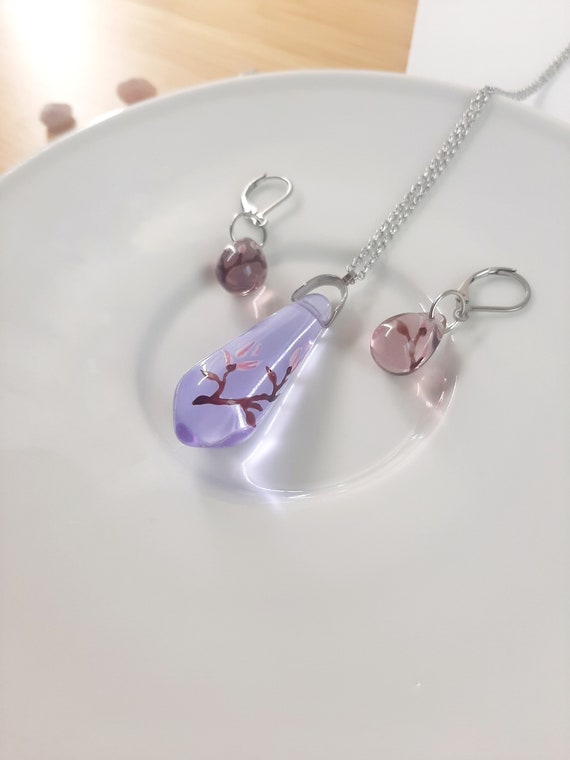 Handpainted glass set of jewelry magnolia necklace