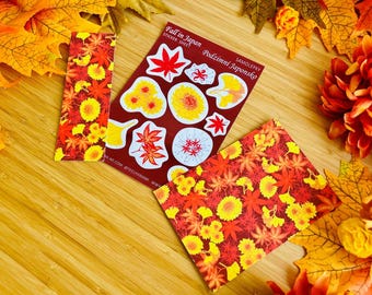 Japanese Autumn Paper Set: Maple, Chrysanthemum, Ginkgo, Spider lily, Bookmark, Postcard, Stickers