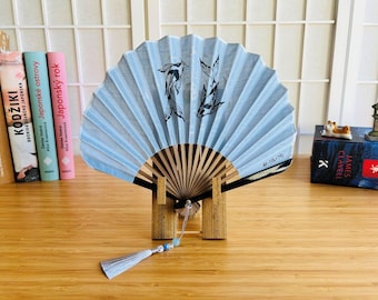 Fancy Hand-Painted Fabric Fan: Koi Carp, Moon Motive – Japanese Garden Accessory