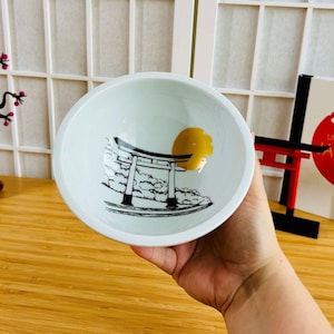 Big bowl Torii gate hand decorated bowl czech porcelain black gold Shinto shrine soup bowl japanese history gift idea for Japan lover 16 cm