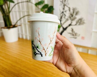 TO GO Porcelain cup hand painted coffee tea travel cup bamboo pine plum tree czech porcelain japanese garden japan lover mug gift idea 300ml