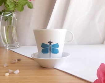 Origami dragonfly cup hand decorated mug and saucer Origami dragonfly czech porcelain cup origami dragonfly coffee mug gift mug 200 ml