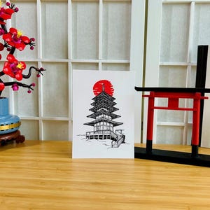 Postkarte Japanische Pagode Turm Japan Liebhaber Papierstift Zeichnung Japanische Geschichte Japanisches Gebäude Soft Touch Geschenkidee Postkarte A6