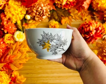 Porcelain bowl Japanese maple hand decorated bowl black white gold czech porcelain bowl painting soup bowl fall japan bowl 400 ml