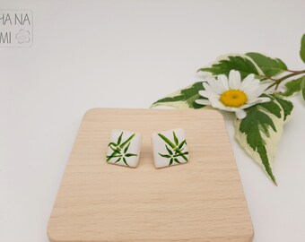 Earrings bamboo grove Handpainted ceramic white green accessory japan lover hand decorated earrings japanese garden Christmas gift for her