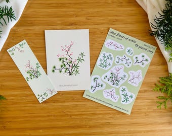 Japanese Garden Paper Set: Winter Bamboo Pine Plum Tree, Bookmark, Postcard, Stickers