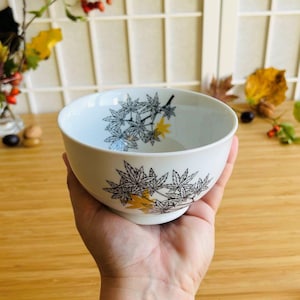 Porcelain bowl Japanese maple hand decorated bowl black white gold czech porcelain bowl painting soup bowl fall japan bowl 400 ml