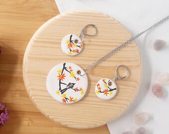 Japanese maple necklace earrings Handpainted ceramic accessory for japan lover hand decorated earrings japanese autumn garden gift for her