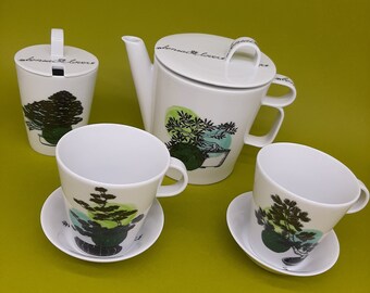 Tea set bonsai tree hand decorated tea cup black and white czech porcelain teapot set bonsai painting sugar bowl with lid green cup