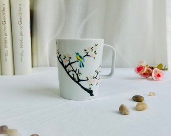 Porcelain cup Bird on the Sakura tree hand decorated tea coffee mug green white czech porcelain painting Christmas gift for her him 250 ml
