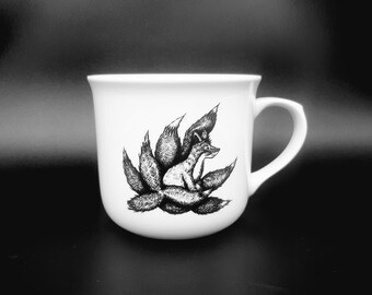 Porcelain big cup Kyuubi no Kitsune fox hand decorated tea cup black and white czech porcelain anime manga coffee mug gift for her 650 ml