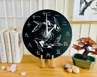 Luxury wooden clock koi fish and moon hand-painted wood koi carp japanese garden glow in the dark 29 cm japan lover gift for her him