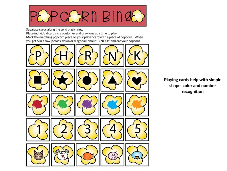 Popcorn Bingo Preschool Shape and Color Recognition Game Digital