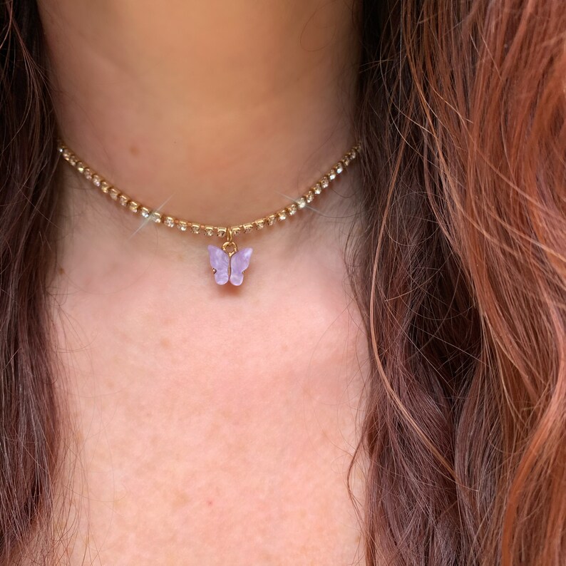 Butterfly Rhinestone Choker Necklace Purple Pendant CZ Gold Etsy