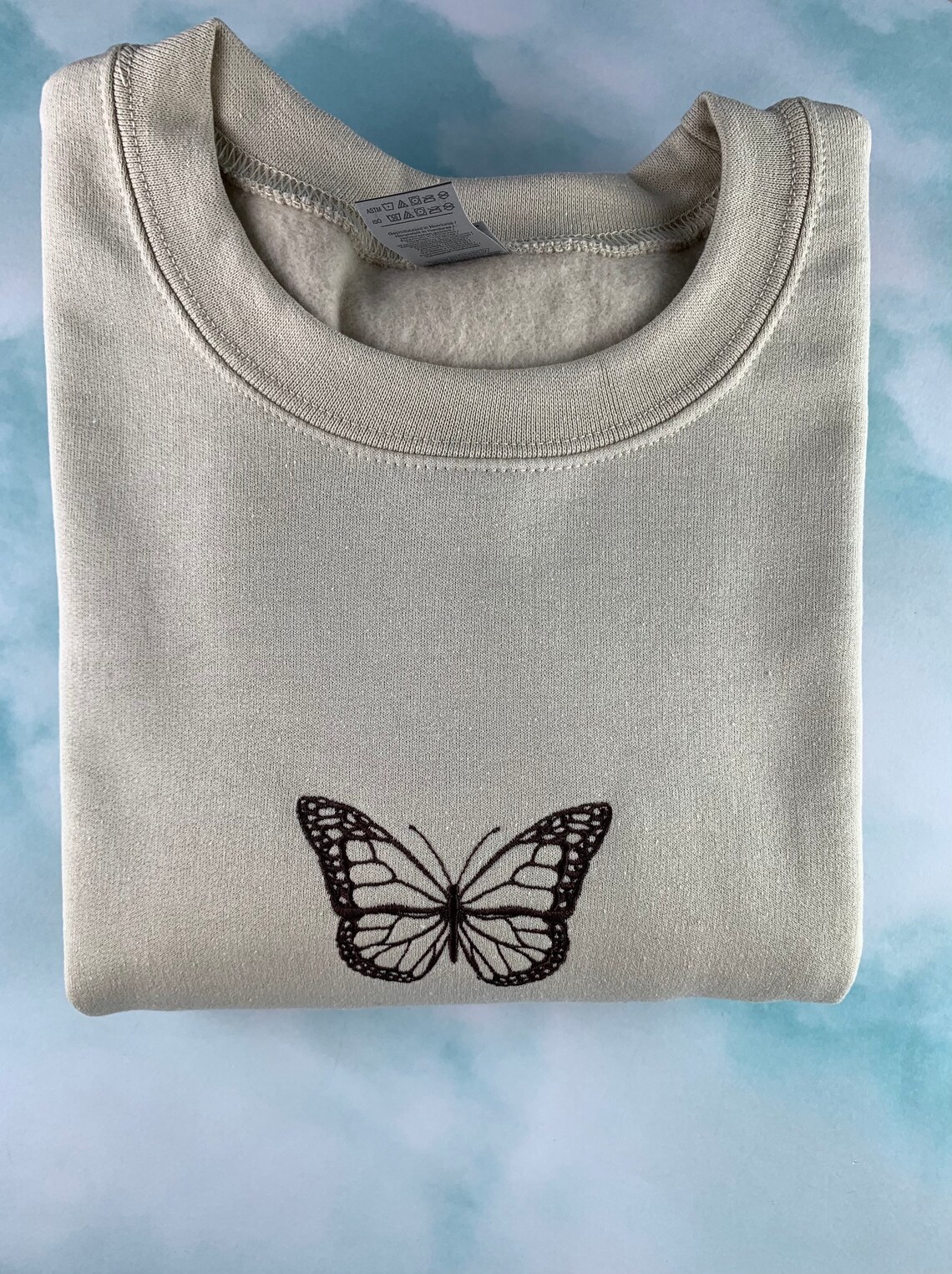 Butterfly Embroidered Sand Beige Crewneck Aesthetic | Etsy