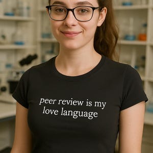 Pode incluir: Uma mulher vestindo uma camiseta preta com o texto "peer review is my love language" impresso em branco. Ela está sorrindo e usando óculos.
