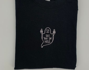 Halloween Tee “See You In Hell” Ghost Embroidered Tee | 3 Color Choices | Y2k Aesthetic Tee | 2000s T-Shirt | Spooky Tees