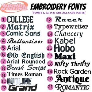 a collection of various font styles, including college, matrix, comic sans, ballantines, arial, old english, arial rounded, brush script, nifty thrifty, rock garden, antique, and romantic. The fonts are listed with numbers ranging from 1 to 21, and the image also includes a list of font names.