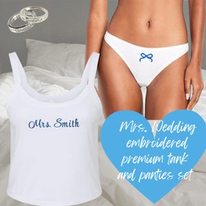 Custom Mrs. Bride Embroidered Spaghetti Strap Tank Top and Coquette Bow Thong Set