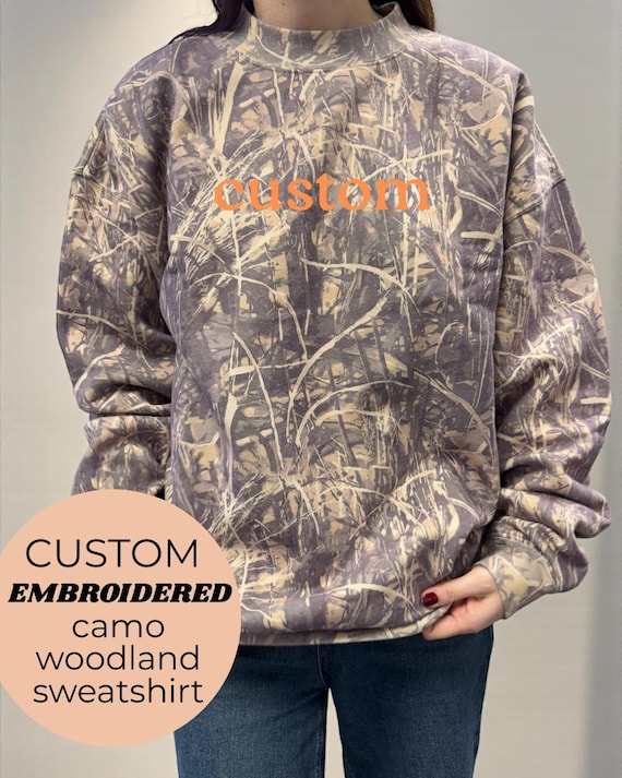 Custom Embroidered Woodland Camo Mock Neck Sweatshirt, Personalized Text Embroidery