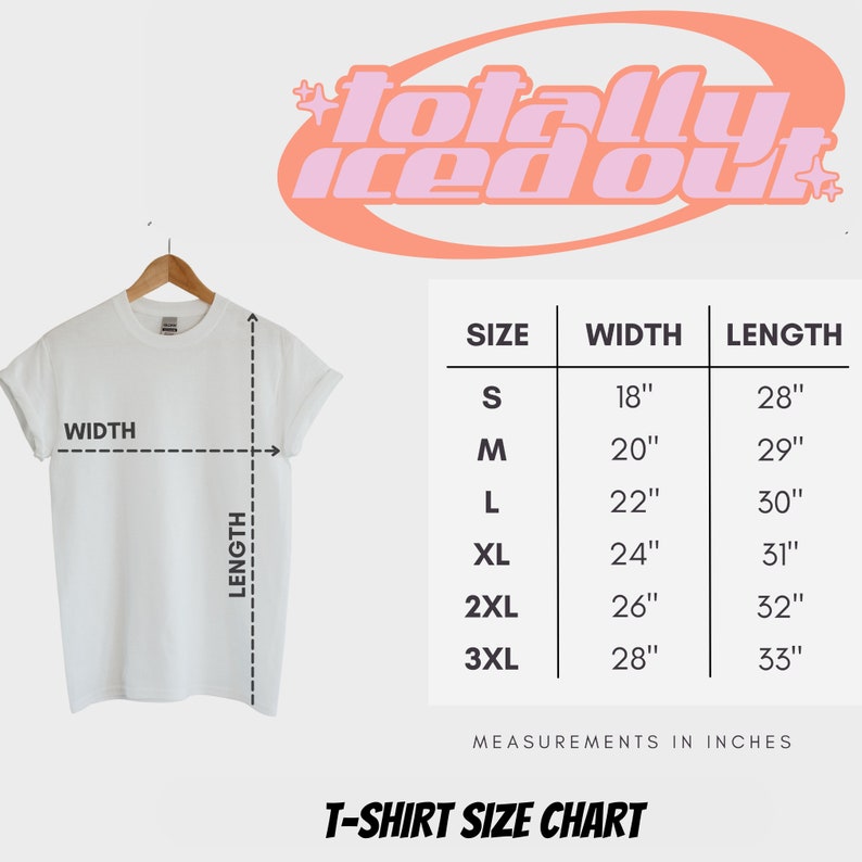 Op de afbeelding: T-shirt maattabel met metingen in inches. De tabel toont de breedte en lengte van t-shirts in de maten S, M, L, XL, 2XL en 3XL.