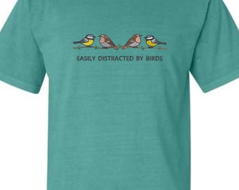 Easily Distracted By Birds Birdwatching Shirt, Embroidered Bird Nerd Comfort Colors® T-Shirt, Funny Bird Watcher Shirt, Bird Lover Gift Tee
