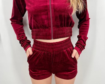 Custom Embroidered Velour Short Set | Two Piece Velour Set | Long Sleeve Jacket And Short Set | Bridesmaids Set | Juicy Bridal Party Outfit